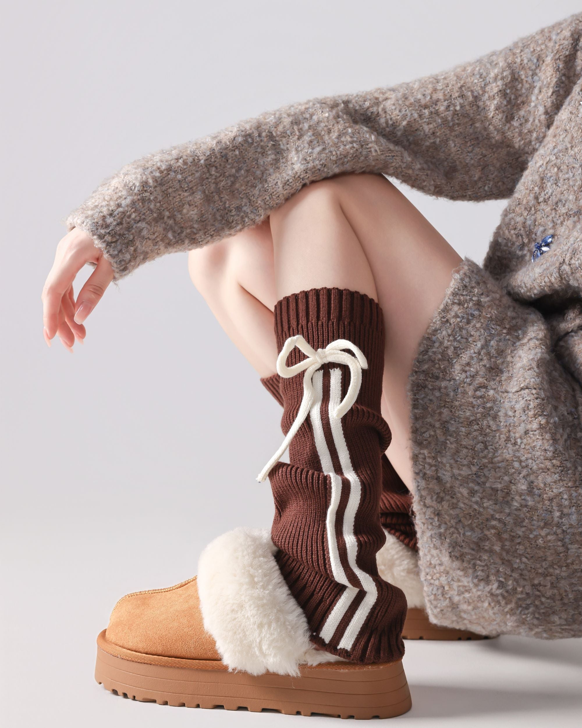 レディース ニーハイ ソックス リボン付き リブ編み ニット 暖かくスタイリッシュなレッグウォーマー