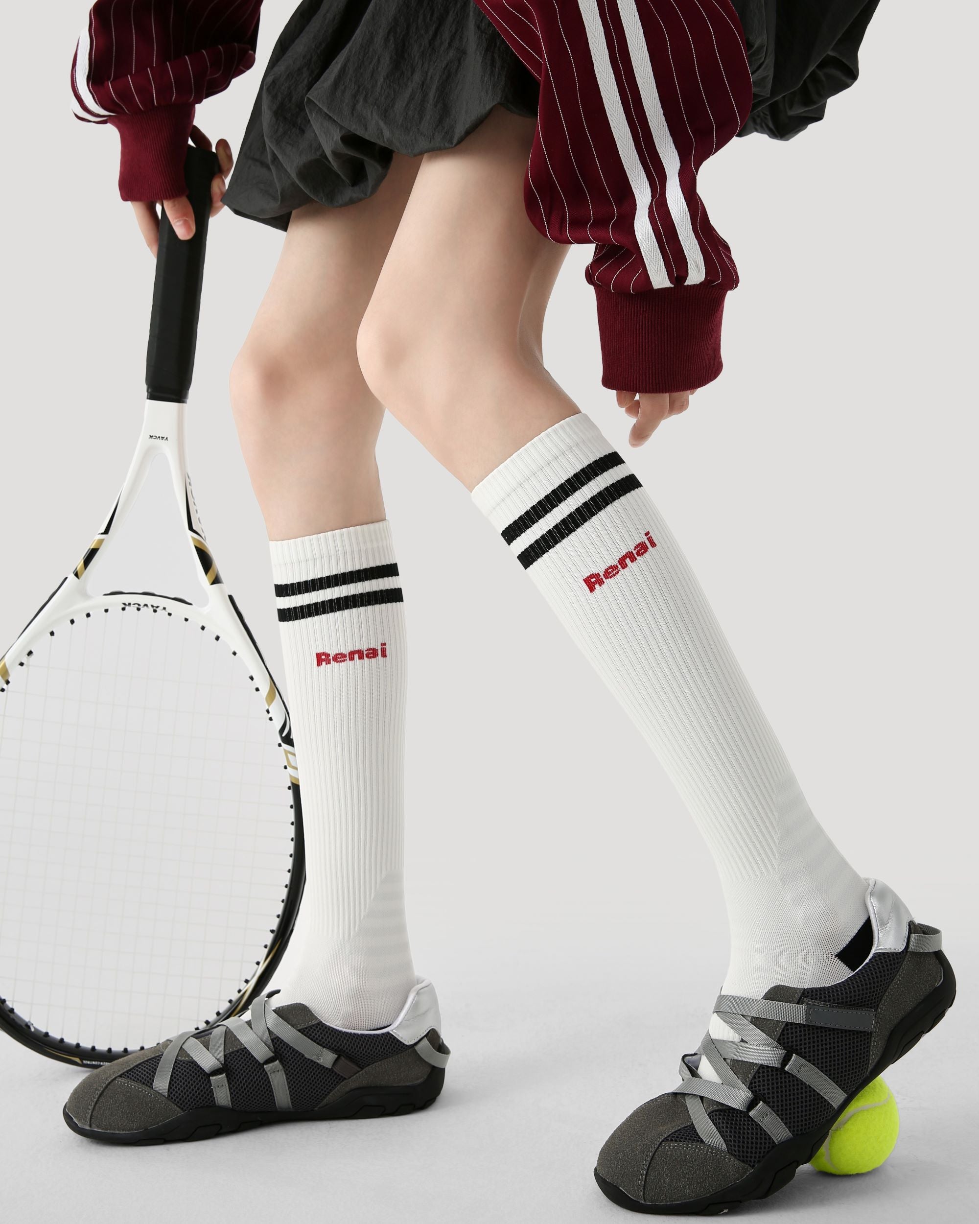 Womens Knee High Thin Sports Compression Socks Double Stripe White - SWEET NANA