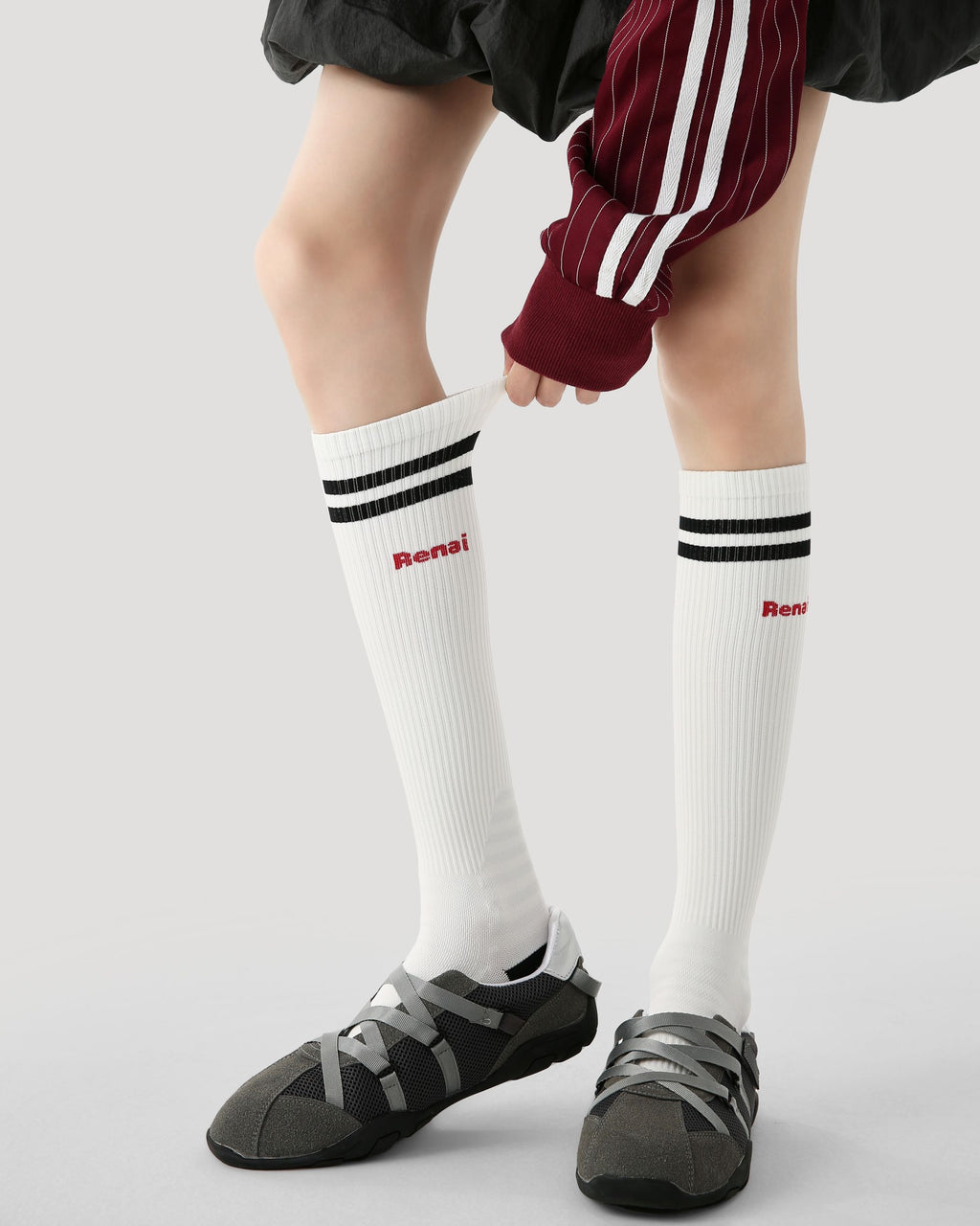 Womens Knee High Thin Sports Compression Socks Double Stripe White - SWEET NANA