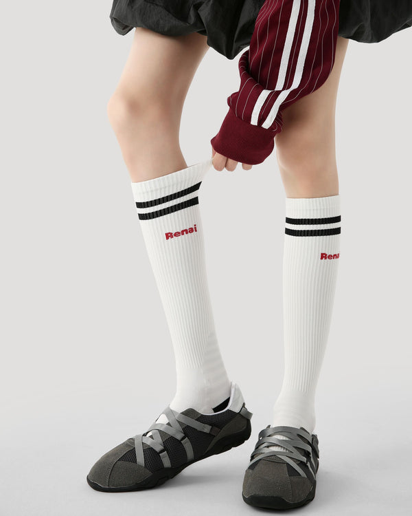 Womens Knee High Thin Sports Compression Socks Double Stripe White - SWEET NANA