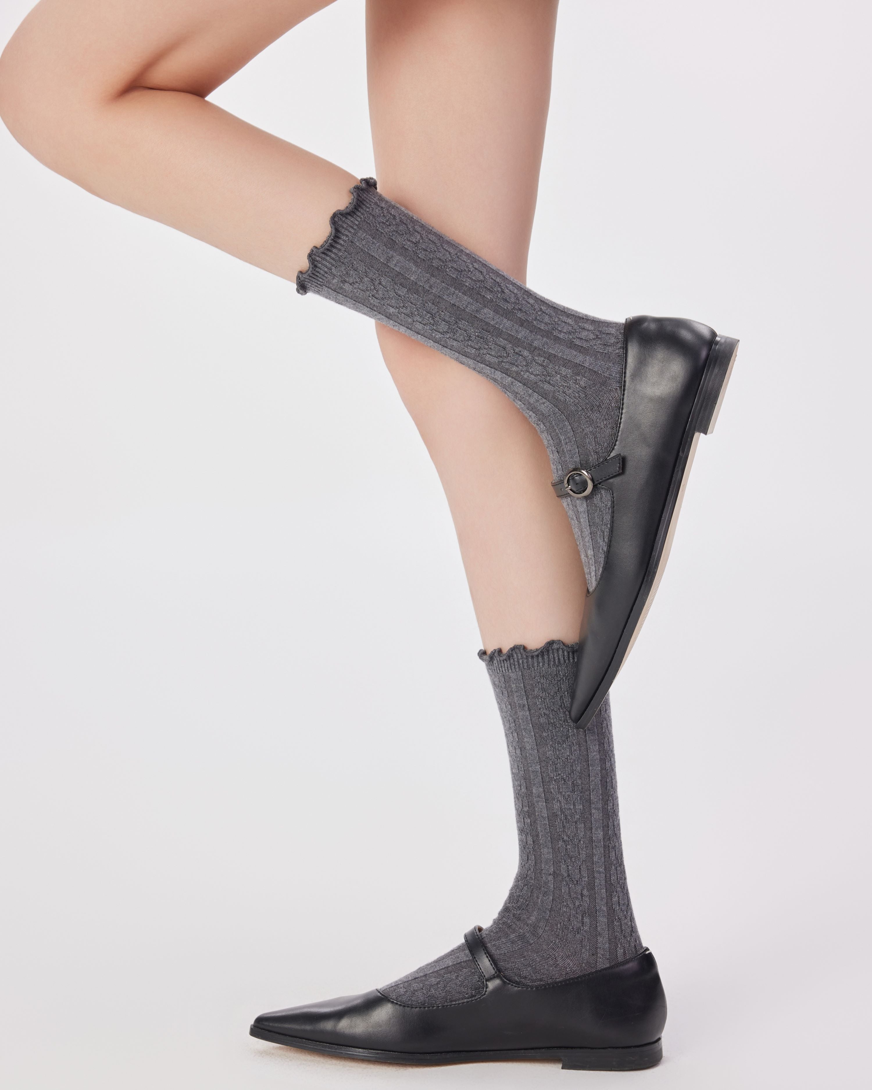 Womens Merino Wool Embossed Crew Socks Ruffle Cuff Slouch Style - SWEET NANA Main image