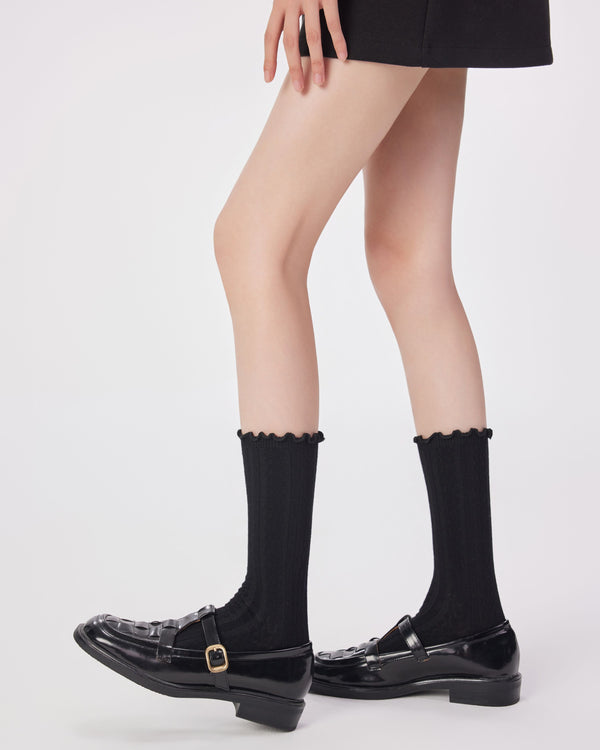Womens Merino Wool Embossed Crew Socks Ruffle Cuff Slouch Style - SWEET NANA