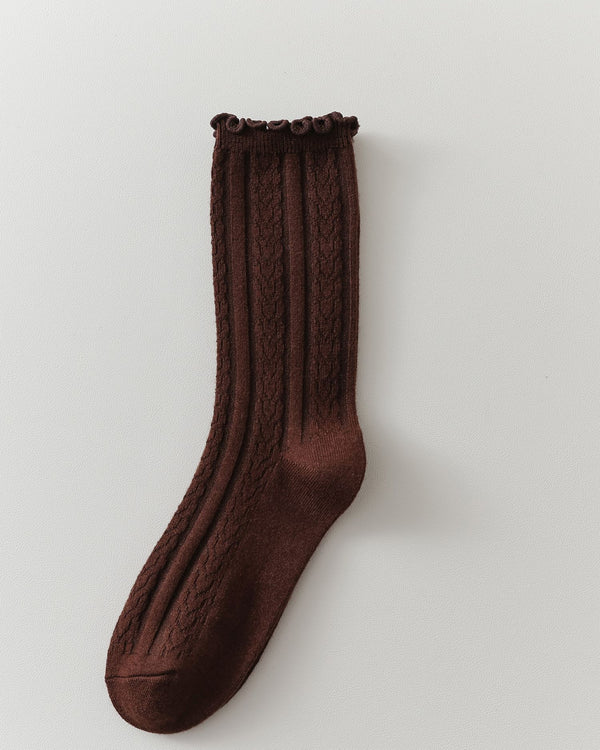 Womens Merino Wool Embossed Crew Socks Ruffle Cuff Slouch Style - SWEET NANA