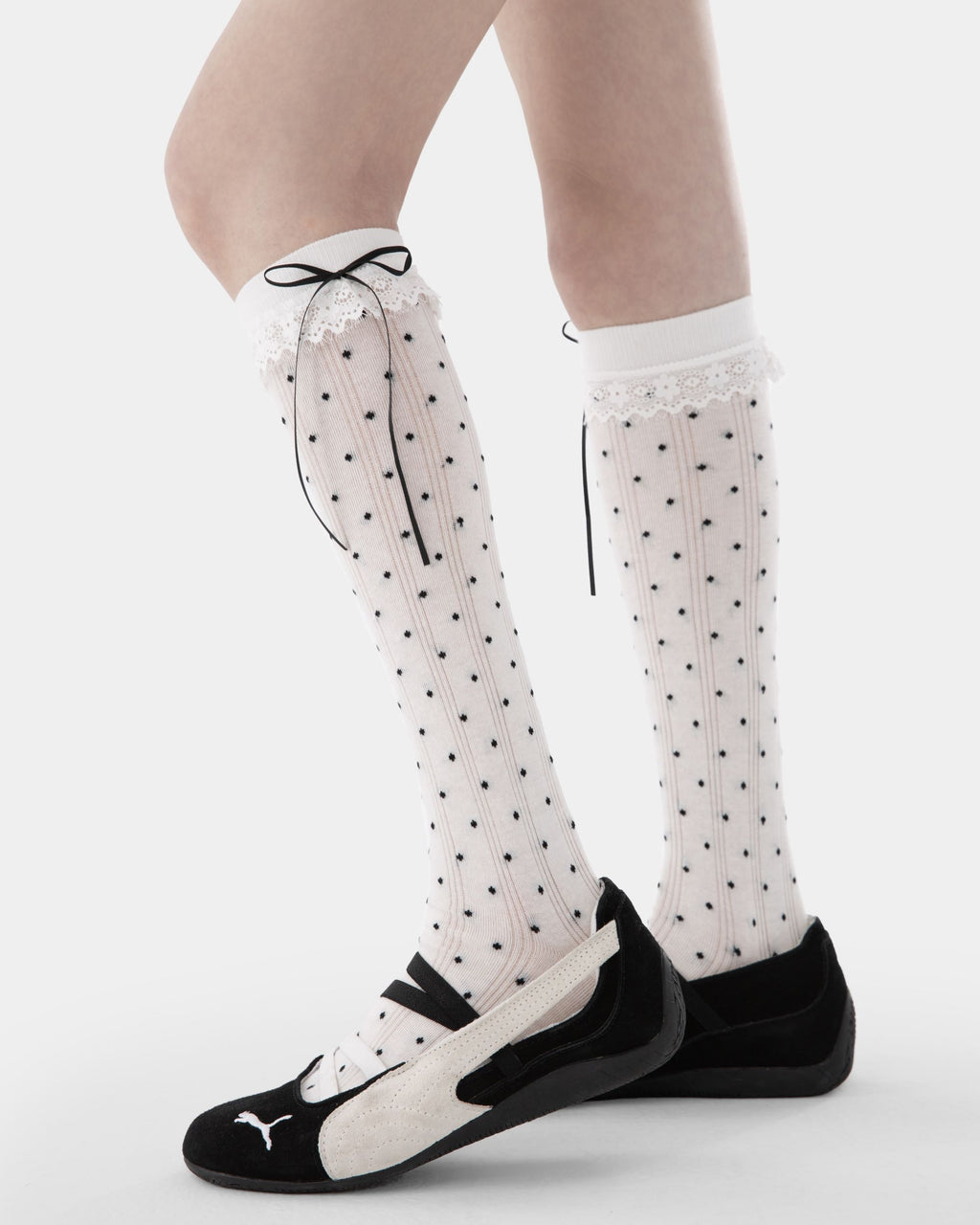 Womens Polka Dot Bow Lace Knee High Socks Sweet Korean Style