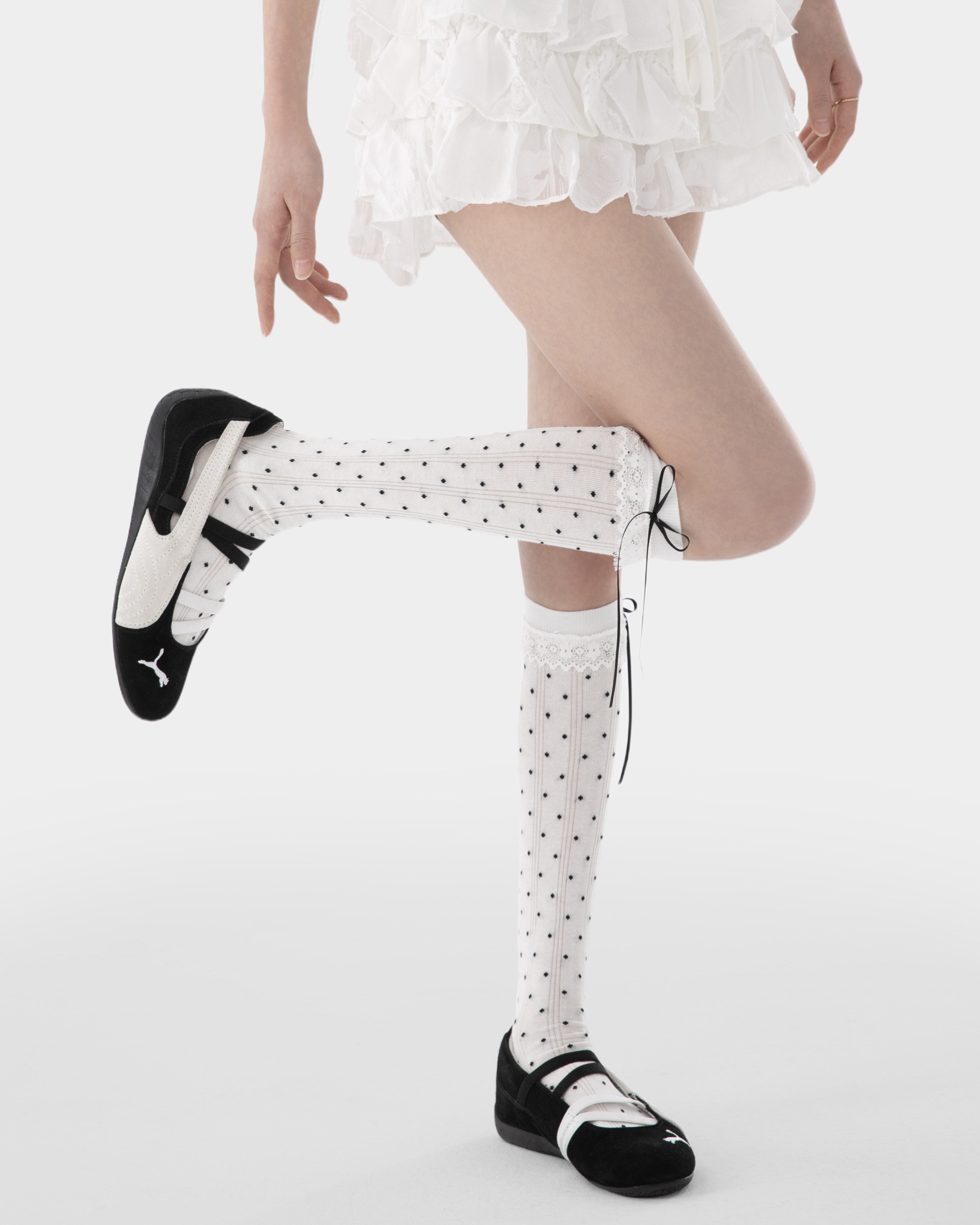 Womens Polka Dot Bow Lace Knee High Socks Sweet Korean Style