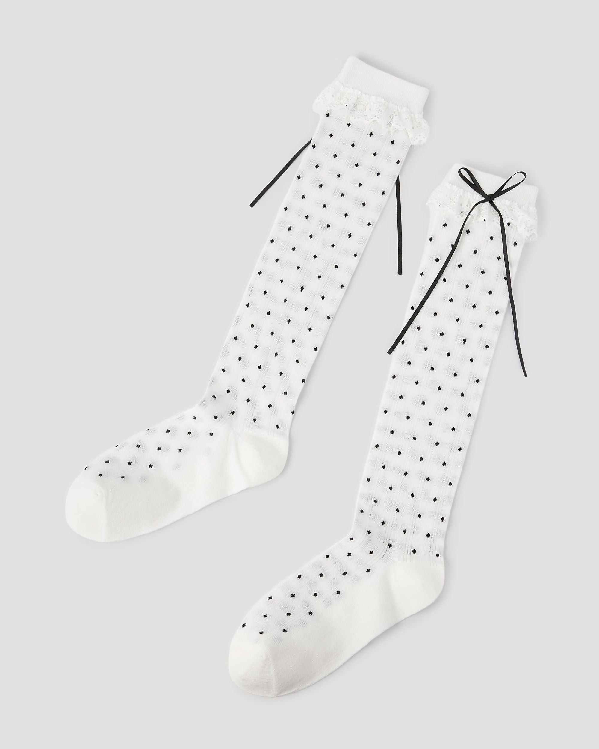 Womens Polka Dot Bow Lace Knee High Socks Sweet Korean Style