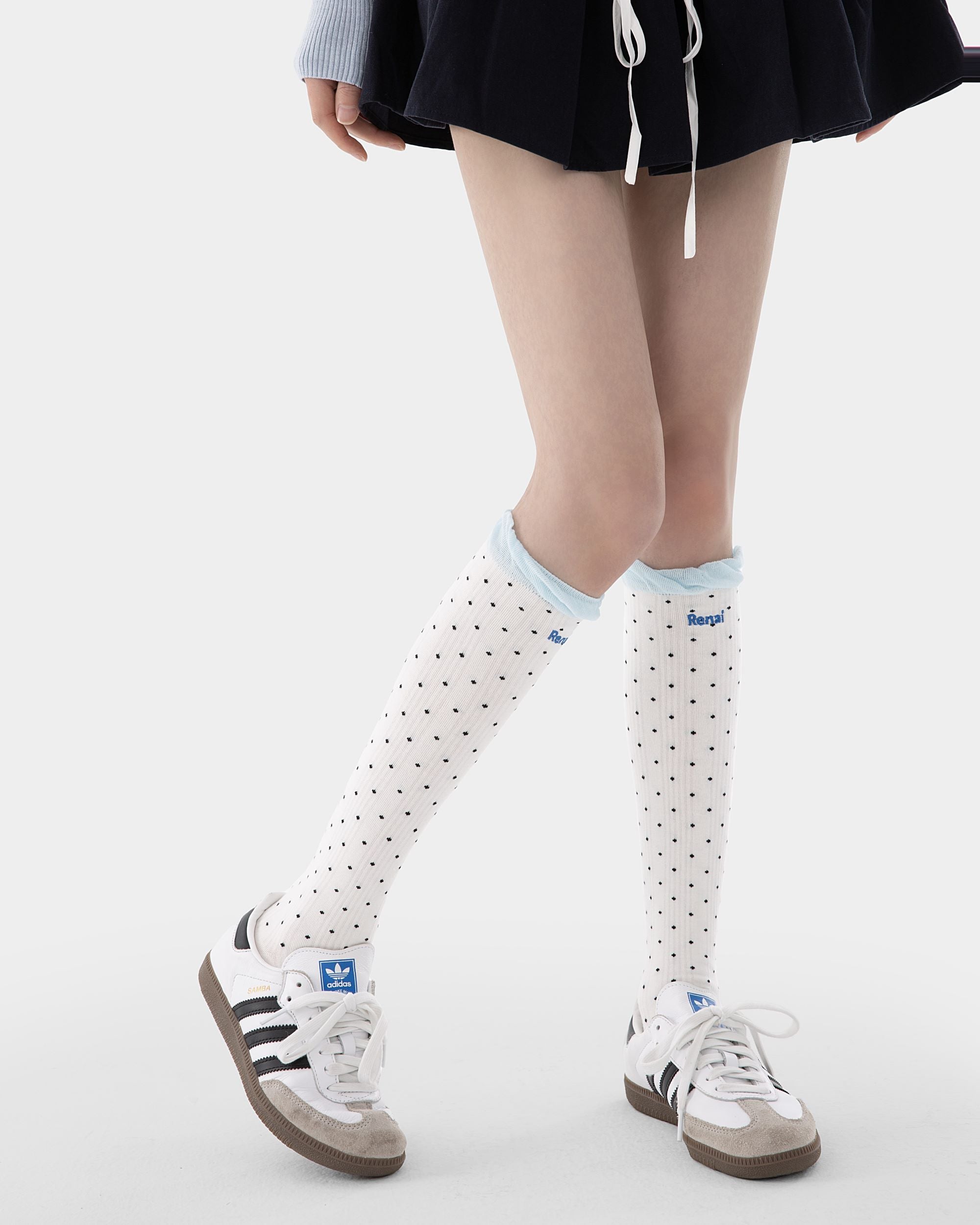 Womens Polka Dot Knee High Socks Blue Ruffle Cuff Cute Casual Socks