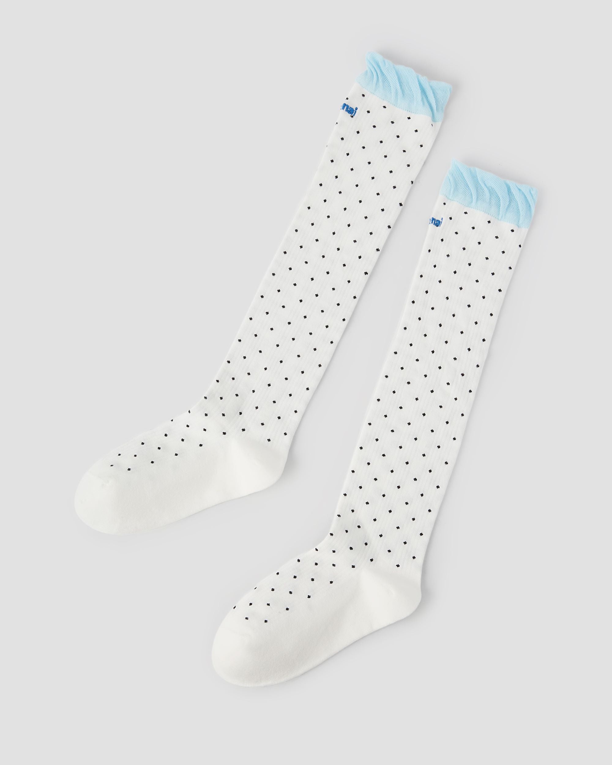 Womens Polka Dot Knee High Socks Blue Ruffle Cuff Cute Casual Socks