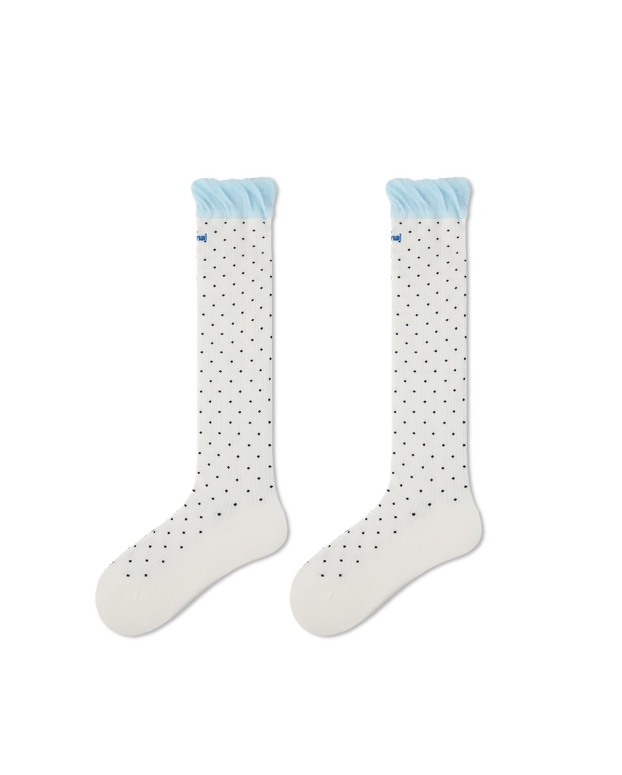 Womens Polka Dot Knee High Socks Blue Ruffle Cuff Cute Casual Socks