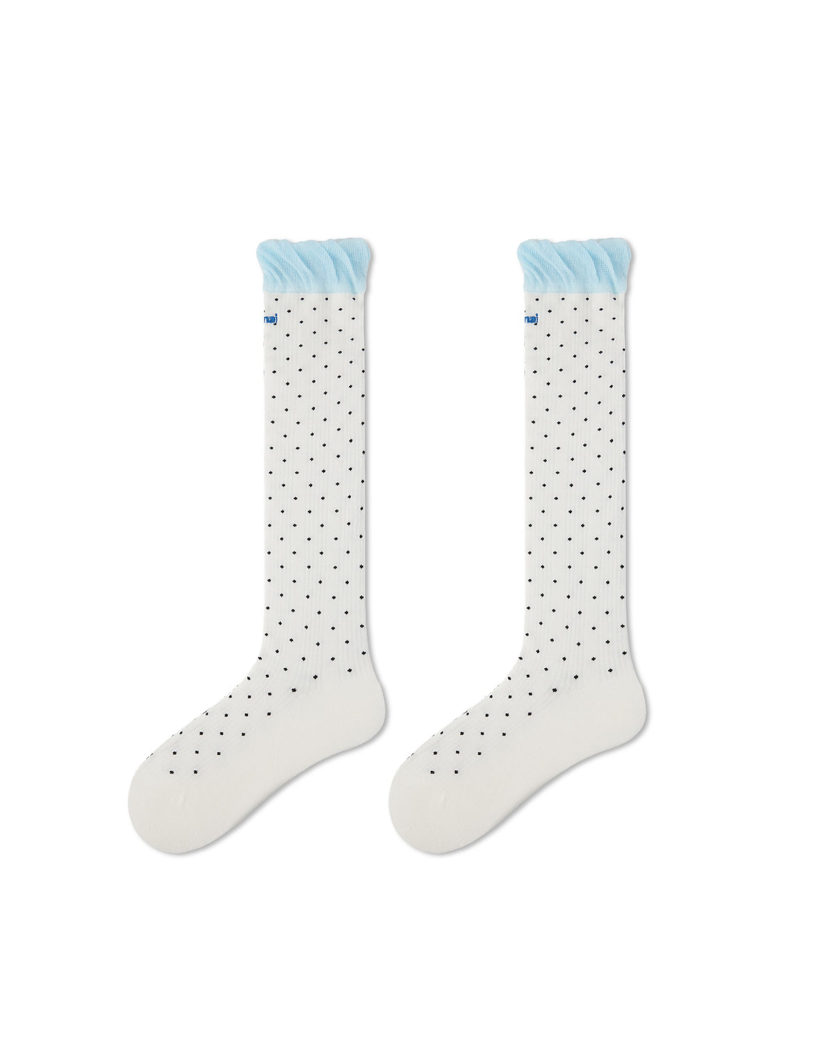 Womens Polka Dot Knee High Socks Blue Ruffle Cuff Cute Casual Socks
