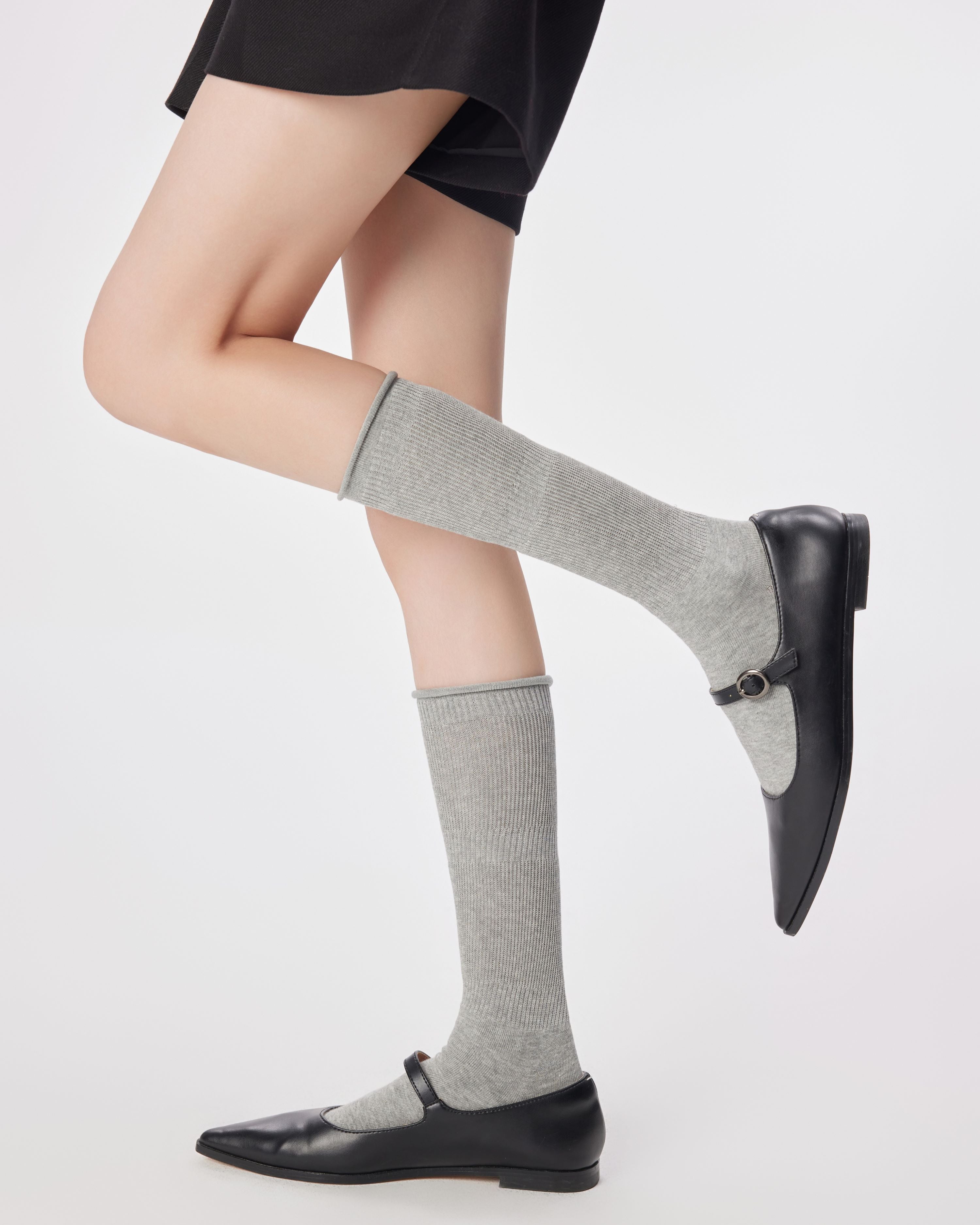 Womens Ruffle Top Knee High Socks Slouchy Ribbed Slim Look