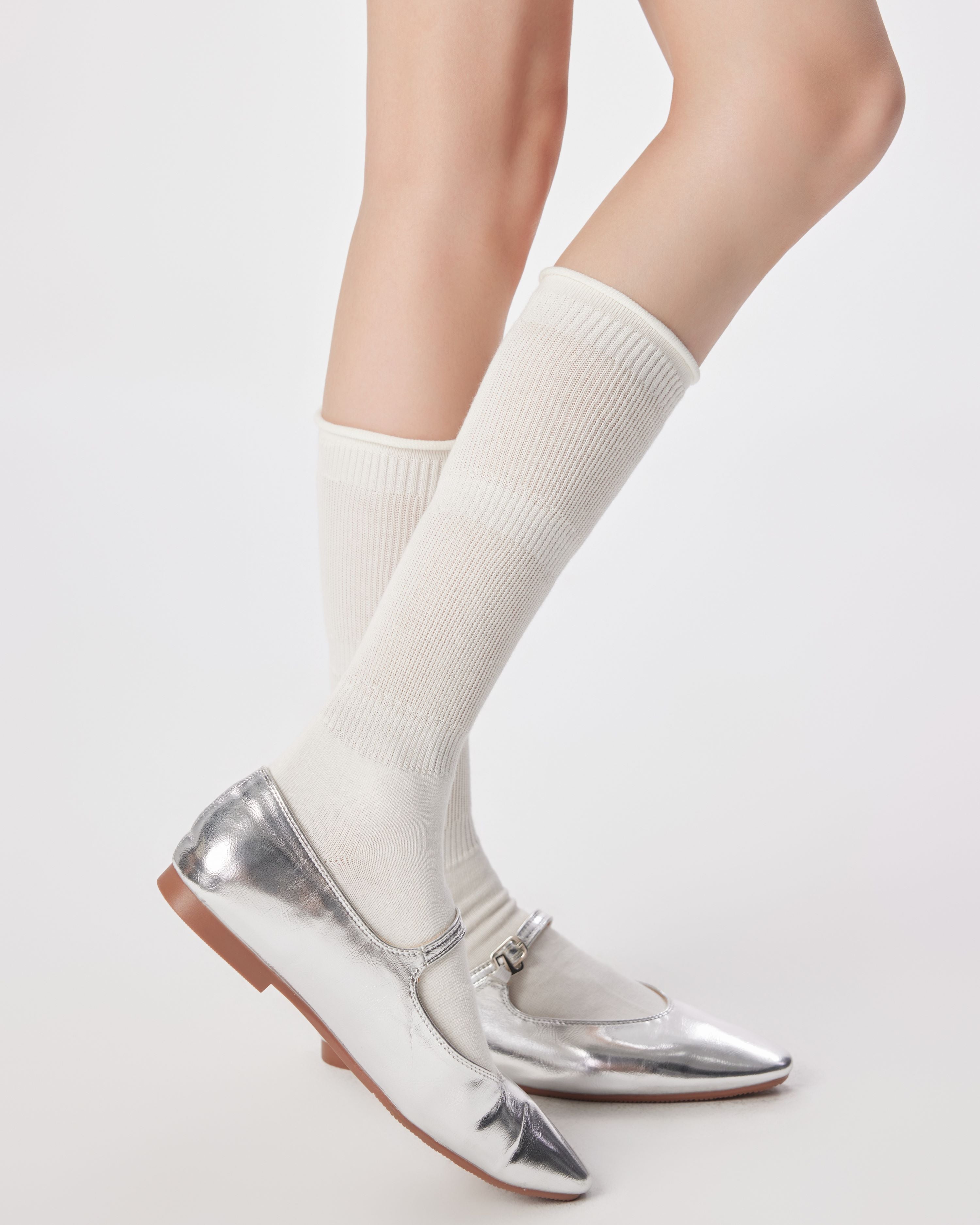 Womens Ruffle Top Knee High Socks Slouchy Ribbed Slim Look