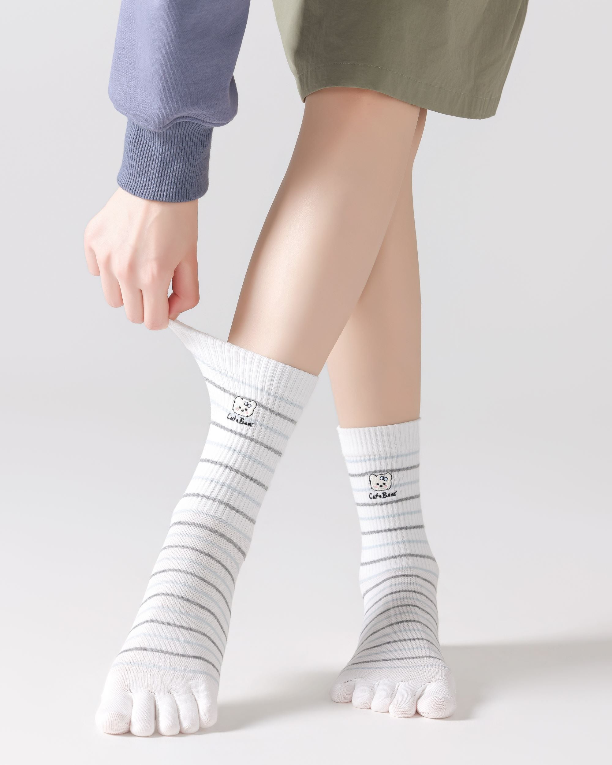 Womens Tabi Crew Socks Five Toe Bear Stripe Dot Pattern Cute Everyday Combed Cotton