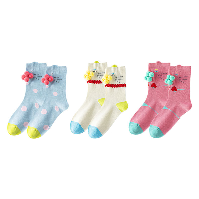 3-Pack Women Cotton Crew Socks Tabby Cat Kawaii Cute Casual - SWEET NANA